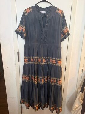 Ivy City Co Navy Midi Dress with Orange Embroidery